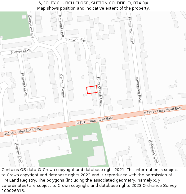 5, FOLEY CHURCH CLOSE, SUTTON COLDFIELD, B74 3JX: Location map and indicative extent of plot