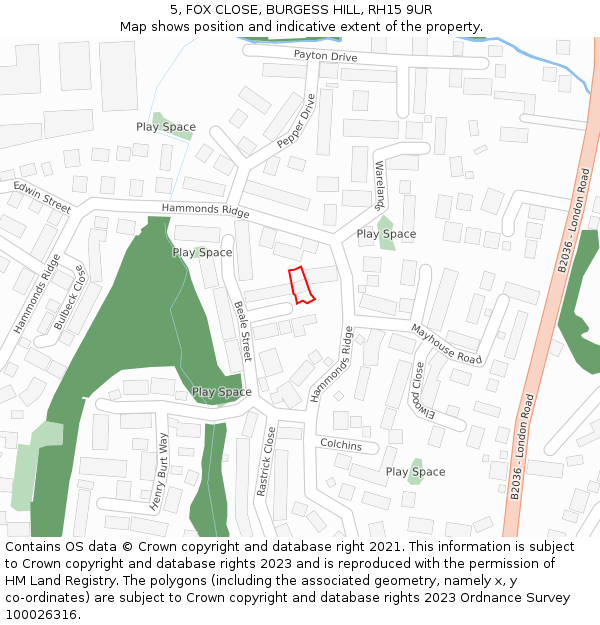 5, FOX CLOSE, BURGESS HILL, RH15 9UR: Location map and indicative extent of plot