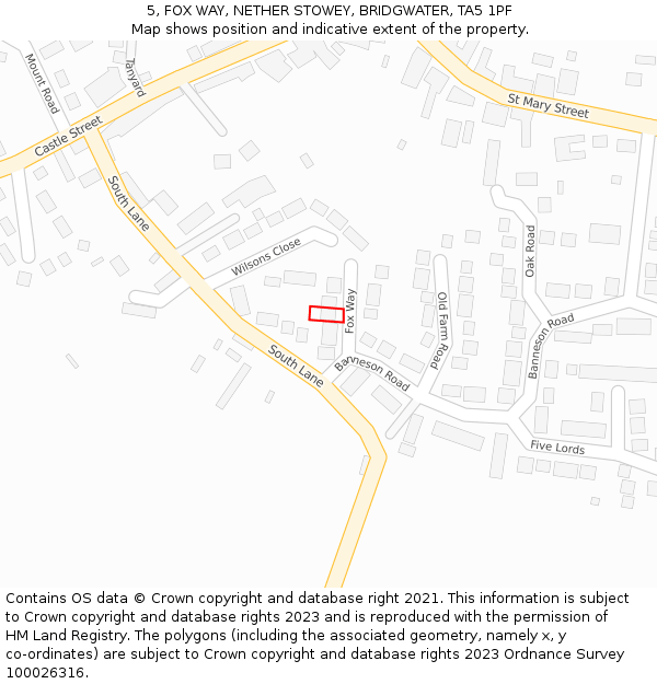 5, FOX WAY, NETHER STOWEY, BRIDGWATER, TA5 1PF: Location map and indicative extent of plot