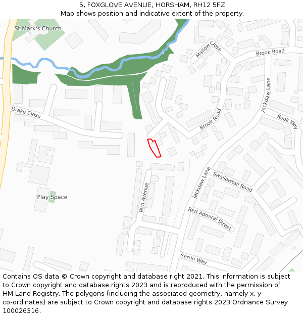 5, FOXGLOVE AVENUE, HORSHAM, RH12 5FZ: Location map and indicative extent of plot