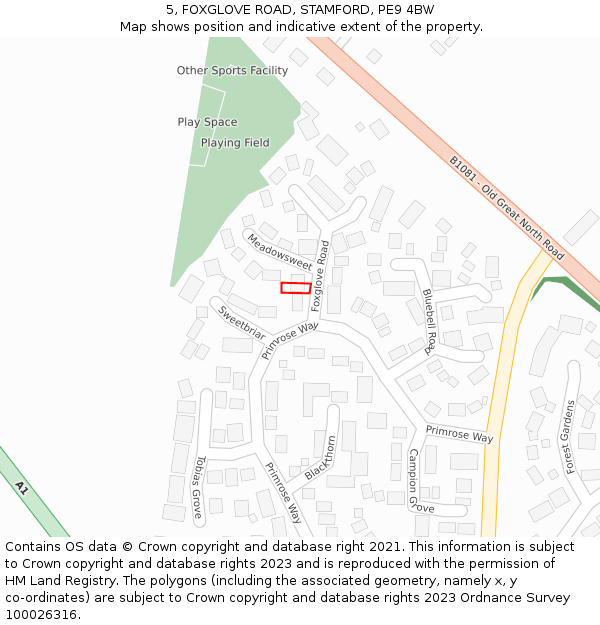 5, FOXGLOVE ROAD, STAMFORD, PE9 4BW: Location map and indicative extent of plot