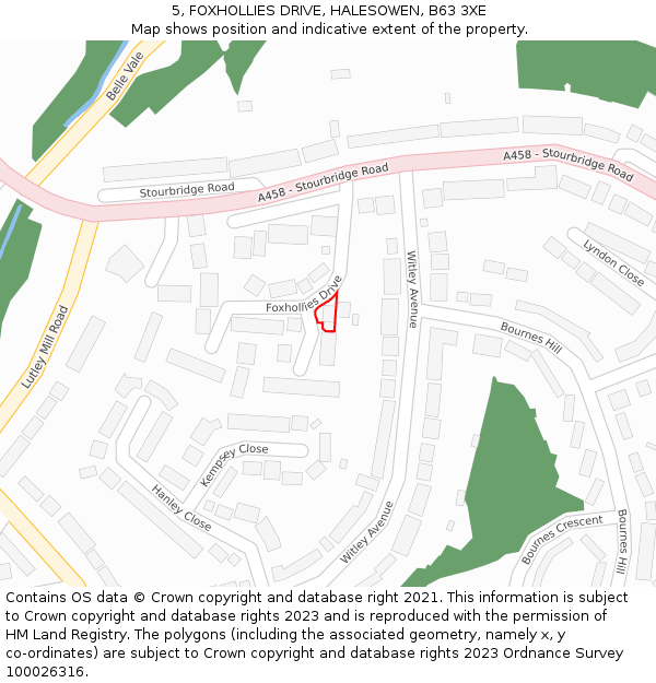 5, FOXHOLLIES DRIVE, HALESOWEN, B63 3XE: Location map and indicative extent of plot