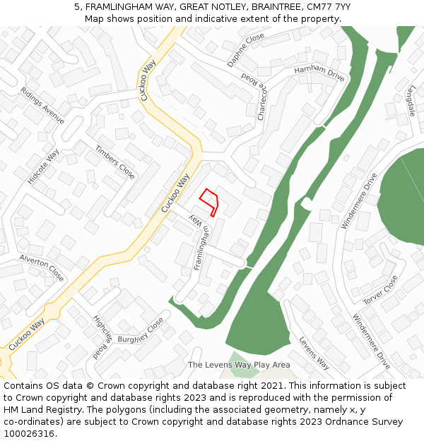 5, FRAMLINGHAM WAY, GREAT NOTLEY, BRAINTREE, CM77 7YY: Location map and indicative extent of plot