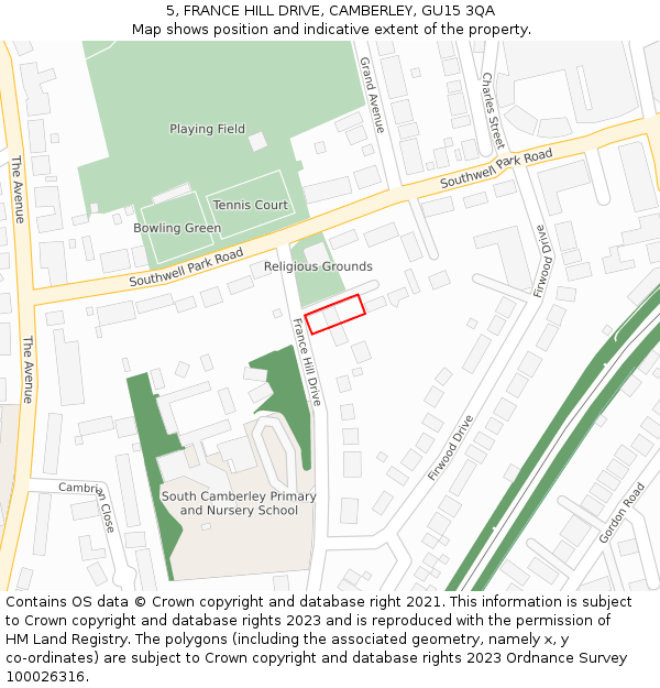 5, FRANCE HILL DRIVE, CAMBERLEY, GU15 3QA: Location map and indicative extent of plot