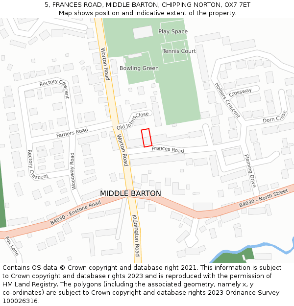 5, FRANCES ROAD, MIDDLE BARTON, CHIPPING NORTON, OX7 7ET: Location map and indicative extent of plot