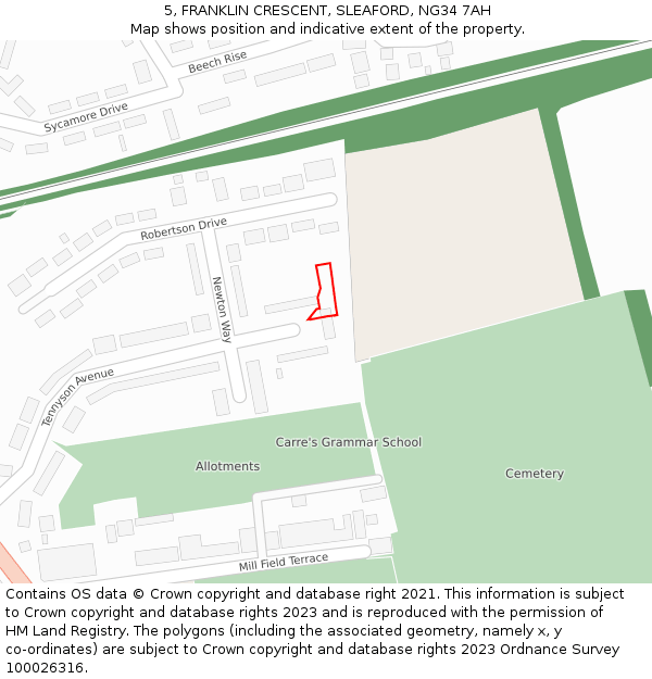5, FRANKLIN CRESCENT, SLEAFORD, NG34 7AH: Location map and indicative extent of plot