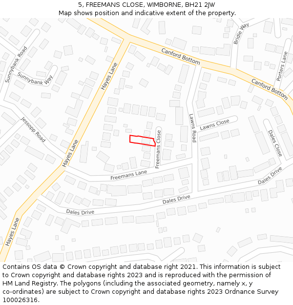5, FREEMANS CLOSE, WIMBORNE, BH21 2JW: Location map and indicative extent of plot