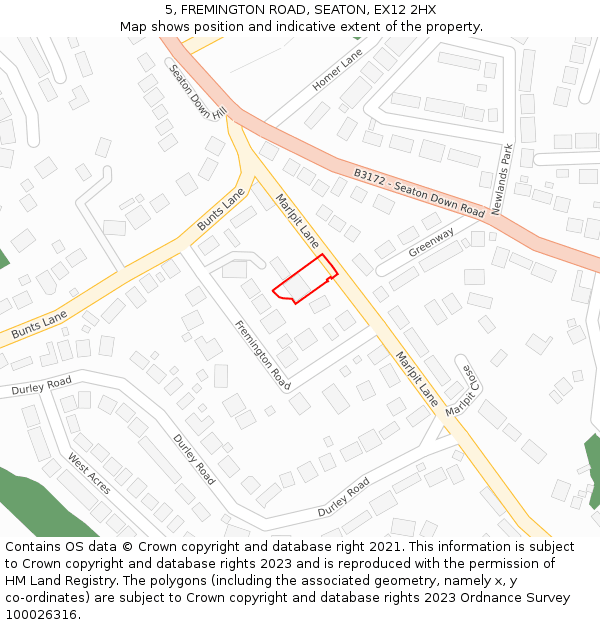 5, FREMINGTON ROAD, SEATON, EX12 2HX: Location map and indicative extent of plot