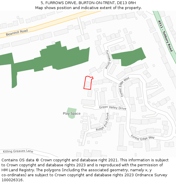 5, FURROWS DRIVE, BURTON-ON-TRENT, DE13 0RH: Location map and indicative extent of plot