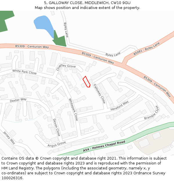 5, GALLOWAY CLOSE, MIDDLEWICH, CW10 9GU: Location map and indicative extent of plot