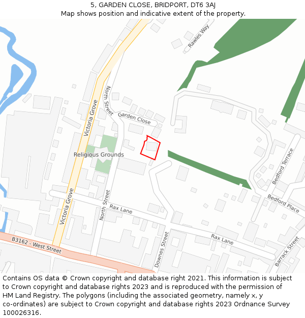 5, GARDEN CLOSE, BRIDPORT, DT6 3AJ: Location map and indicative extent of plot