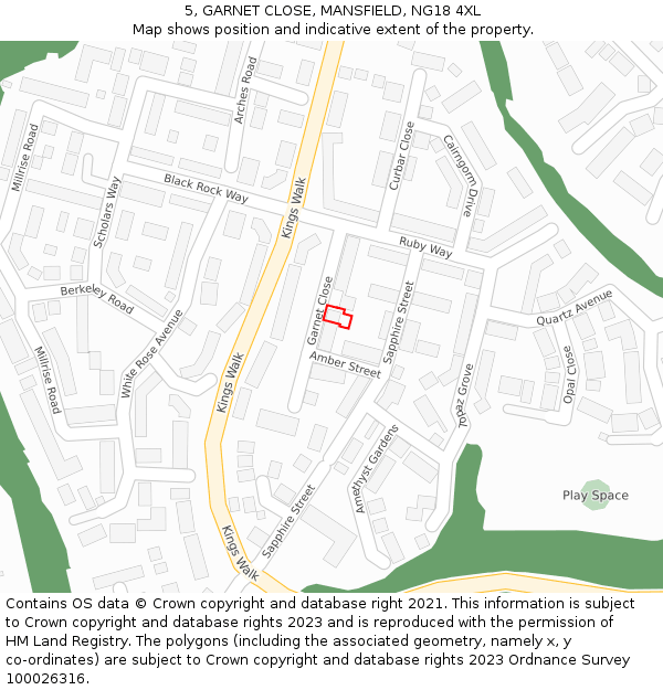 5, GARNET CLOSE, MANSFIELD, NG18 4XL: Location map and indicative extent of plot