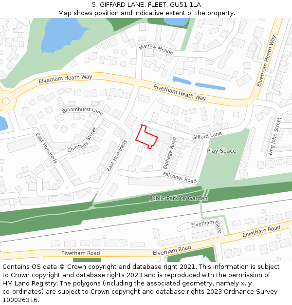 5, GIFFARD LANE, FLEET, GU51 1LA: Location map and indicative extent of plot