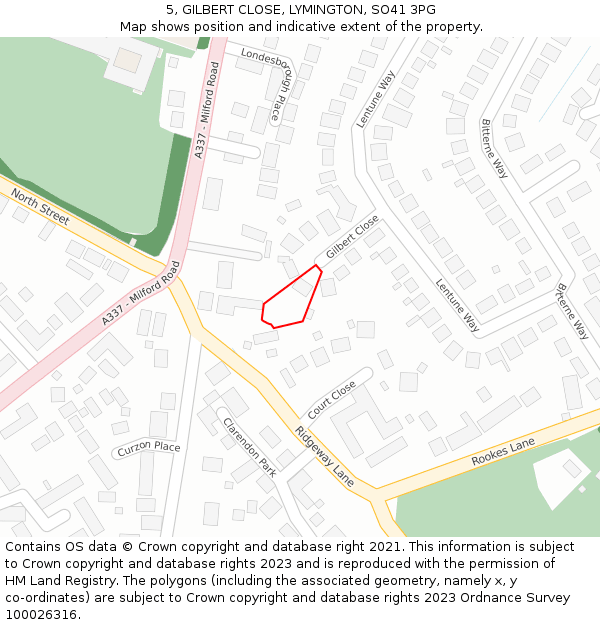 5, GILBERT CLOSE, LYMINGTON, SO41 3PG: Location map and indicative extent of plot