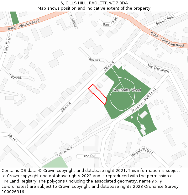 5, GILLS HILL, RADLETT, WD7 8DA: Location map and indicative extent of plot