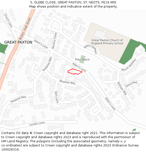 5, GLEBE CLOSE, GREAT PAXTON, ST. NEOTS, PE19 6RS: Location map and indicative extent of plot