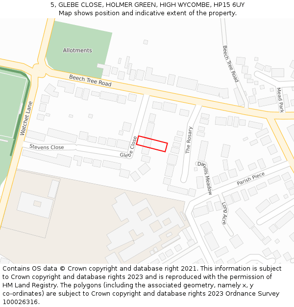 5, GLEBE CLOSE, HOLMER GREEN, HIGH WYCOMBE, HP15 6UY: Location map and indicative extent of plot