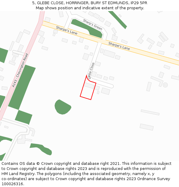 5, GLEBE CLOSE, HORRINGER, BURY ST EDMUNDS, IP29 5PR: Location map and indicative extent of plot