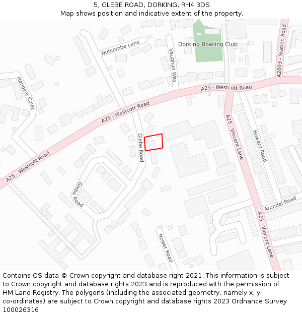 5, GLEBE ROAD, DORKING, RH4 3DS: Location map and indicative extent of plot