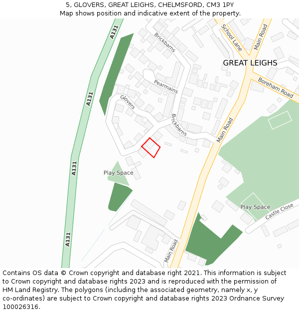 5, GLOVERS, GREAT LEIGHS, CHELMSFORD, CM3 1PY: Location map and indicative extent of plot