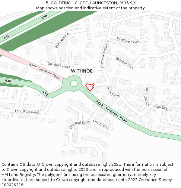 5, GOLDFINCH CLOSE, LAUNCESTON, PL15 9JX: Location map and indicative extent of plot