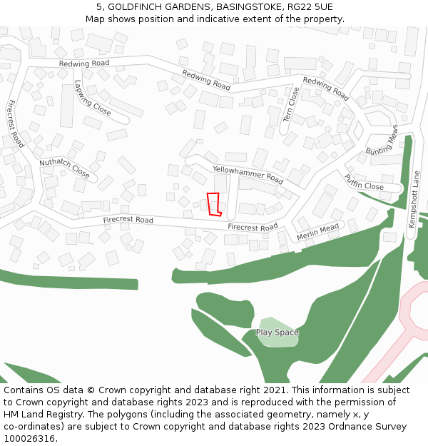 5, GOLDFINCH GARDENS, BASINGSTOKE, RG22 5UE: Location map and indicative extent of plot