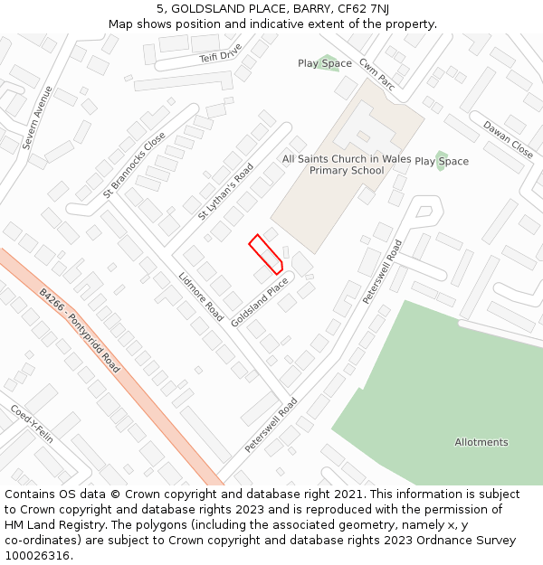 5, GOLDSLAND PLACE, BARRY, CF62 7NJ: Location map and indicative extent of plot