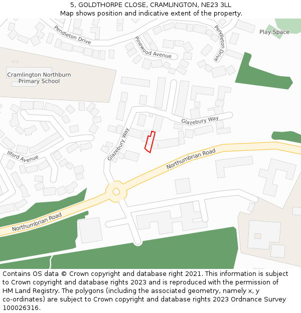 5, GOLDTHORPE CLOSE, CRAMLINGTON, NE23 3LL: Location map and indicative extent of plot