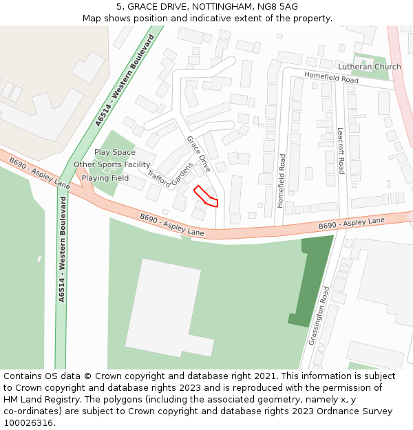 5, GRACE DRIVE, NOTTINGHAM, NG8 5AG: Location map and indicative extent of plot