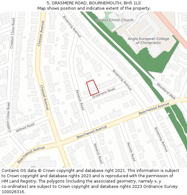 5, GRASMERE ROAD, BOURNEMOUTH, BH5 1LS: Location map and indicative extent of plot