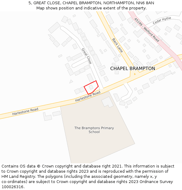 5, GREAT CLOSE, CHAPEL BRAMPTON, NORTHAMPTON, NN6 8AN: Location map and indicative extent of plot