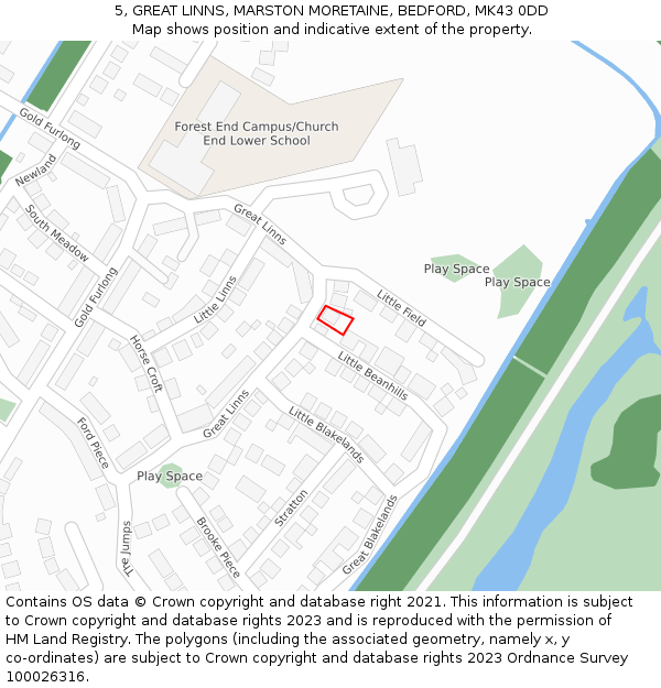 5, GREAT LINNS, MARSTON MORETAINE, BEDFORD, MK43 0DD: Location map and indicative extent of plot