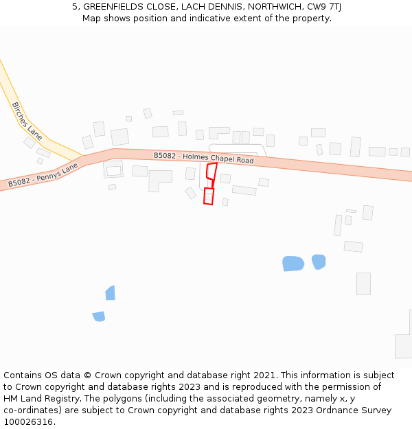 5, GREENFIELDS CLOSE, LACH DENNIS, NORTHWICH, CW9 7TJ: Location map and indicative extent of plot