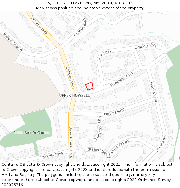 5, GREENFIELDS ROAD, MALVERN, WR14 1TS: Location map and indicative extent of plot