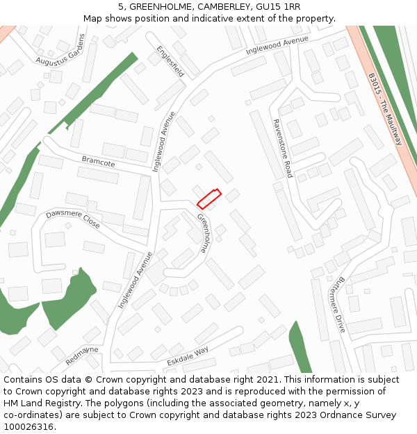 5, GREENHOLME, CAMBERLEY, GU15 1RR: Location map and indicative extent of plot