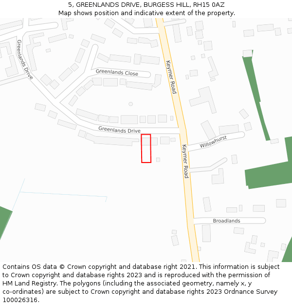 5, GREENLANDS DRIVE, BURGESS HILL, RH15 0AZ: Location map and indicative extent of plot