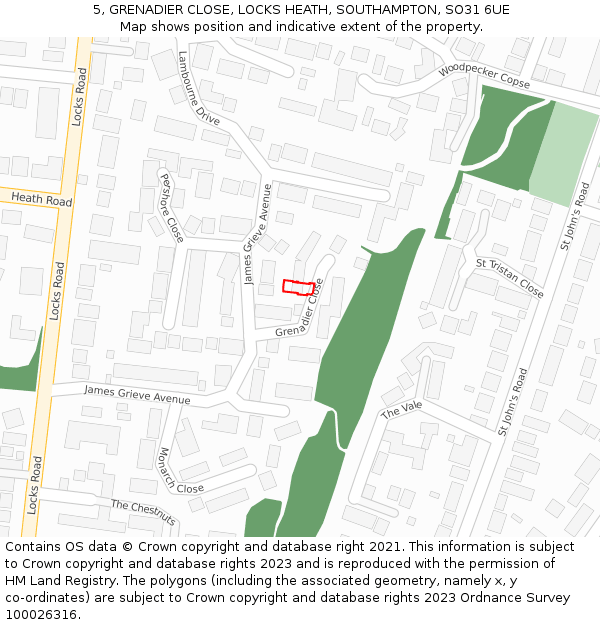 5, GRENADIER CLOSE, LOCKS HEATH, SOUTHAMPTON, SO31 6UE: Location map and indicative extent of plot