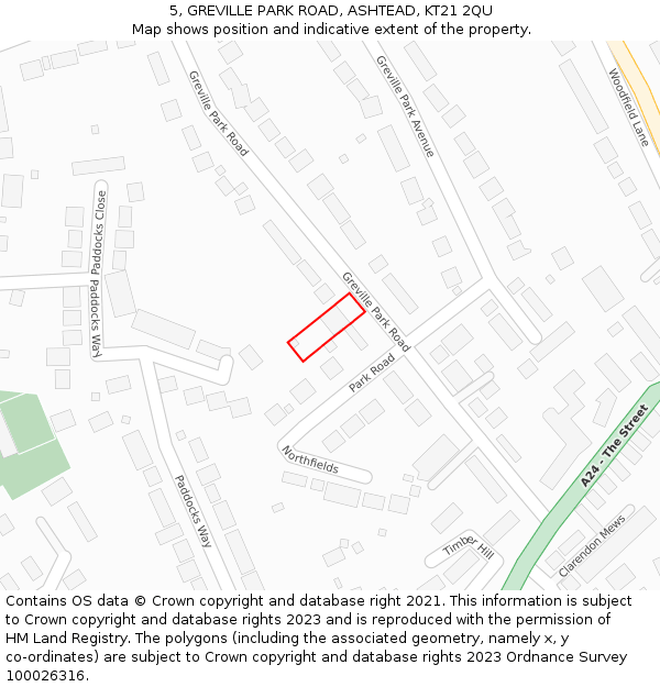 5, GREVILLE PARK ROAD, ASHTEAD, KT21 2QU: Location map and indicative extent of plot