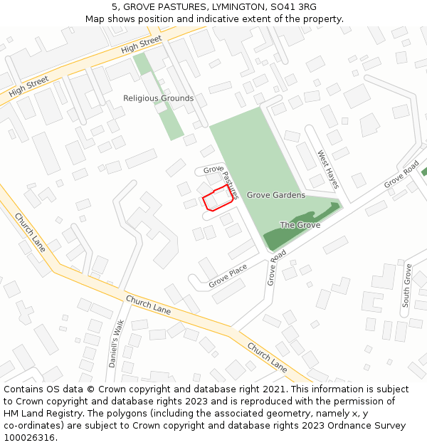 5, GROVE PASTURES, LYMINGTON, SO41 3RG: Location map and indicative extent of plot