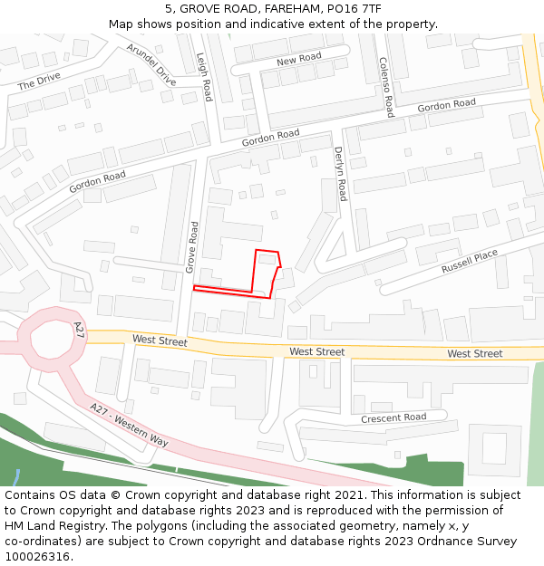 5, GROVE ROAD, FAREHAM, PO16 7TF: Location map and indicative extent of plot
