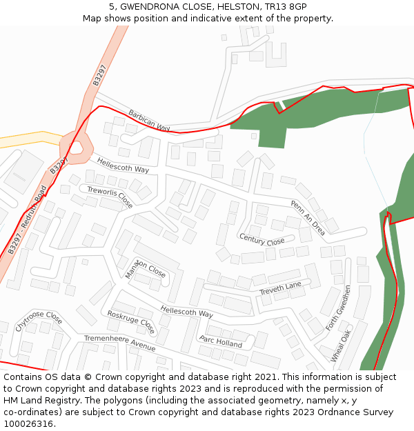 5, GWENDRONA CLOSE, HELSTON, TR13 8GP: Location map and indicative extent of plot