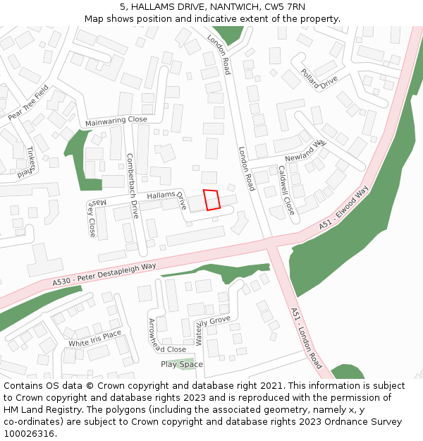 5, HALLAMS DRIVE, NANTWICH, CW5 7RN: Location map and indicative extent of plot