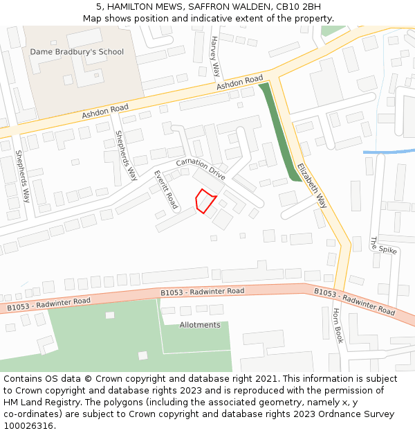 5, HAMILTON MEWS, SAFFRON WALDEN, CB10 2BH: Location map and indicative extent of plot