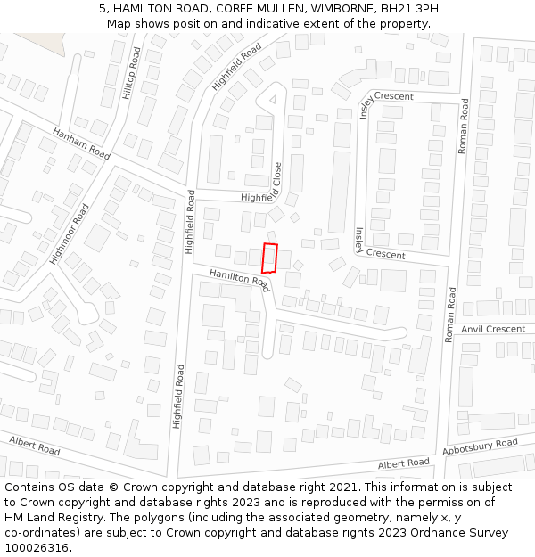 5, HAMILTON ROAD, CORFE MULLEN, WIMBORNE, BH21 3PH: Location map and indicative extent of plot