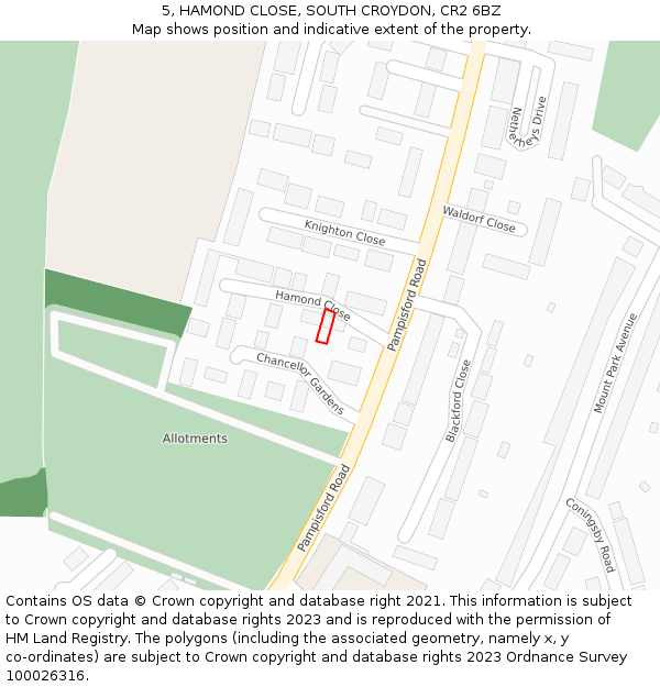 5, HAMOND CLOSE, SOUTH CROYDON, CR2 6BZ: Location map and indicative extent of plot