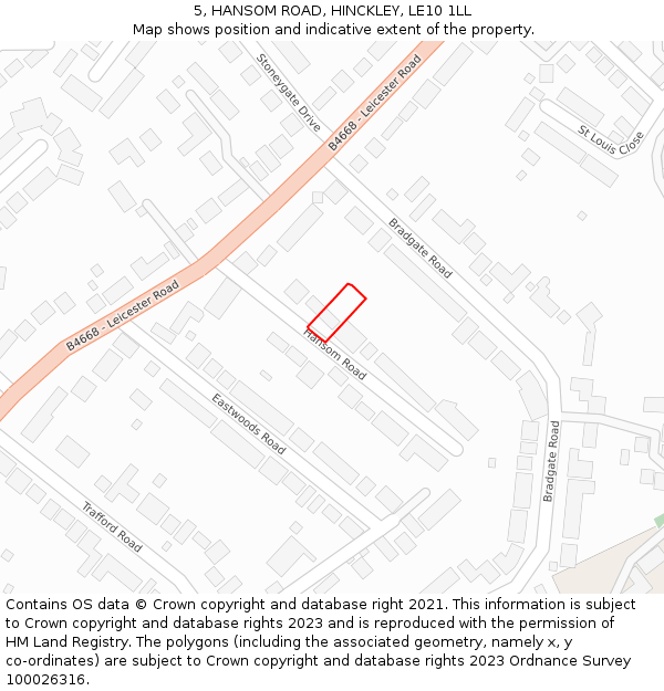5, HANSOM ROAD, HINCKLEY, LE10 1LL: Location map and indicative extent of plot