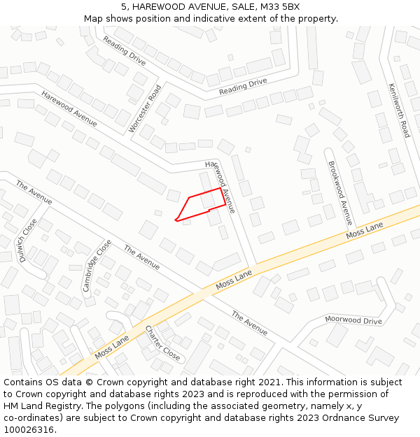 5, HAREWOOD AVENUE, SALE, M33 5BX: Location map and indicative extent of plot