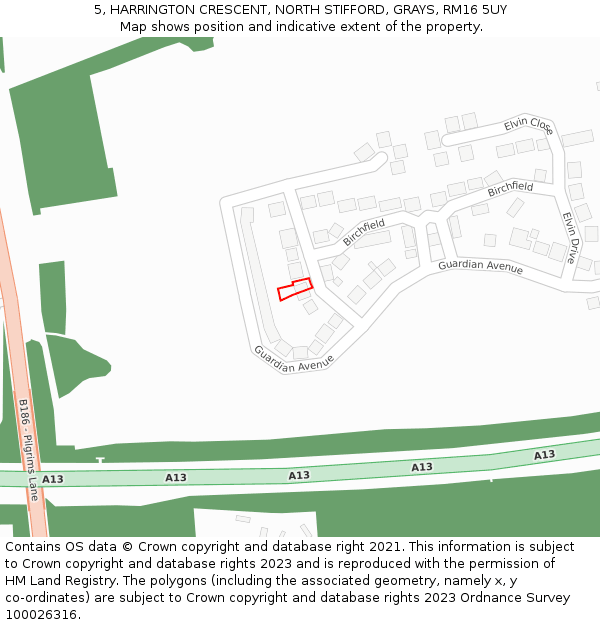 5, HARRINGTON CRESCENT, NORTH STIFFORD, GRAYS, RM16 5UY: Location map and indicative extent of plot