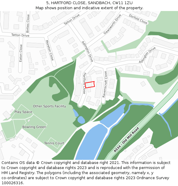 5, HARTFORD CLOSE, SANDBACH, CW11 1ZU: Location map and indicative extent of plot