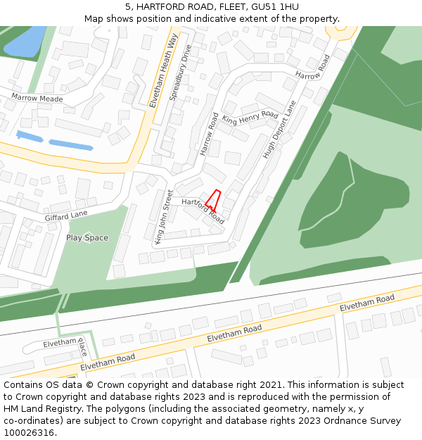 5, HARTFORD ROAD, FLEET, GU51 1HU: Location map and indicative extent of plot